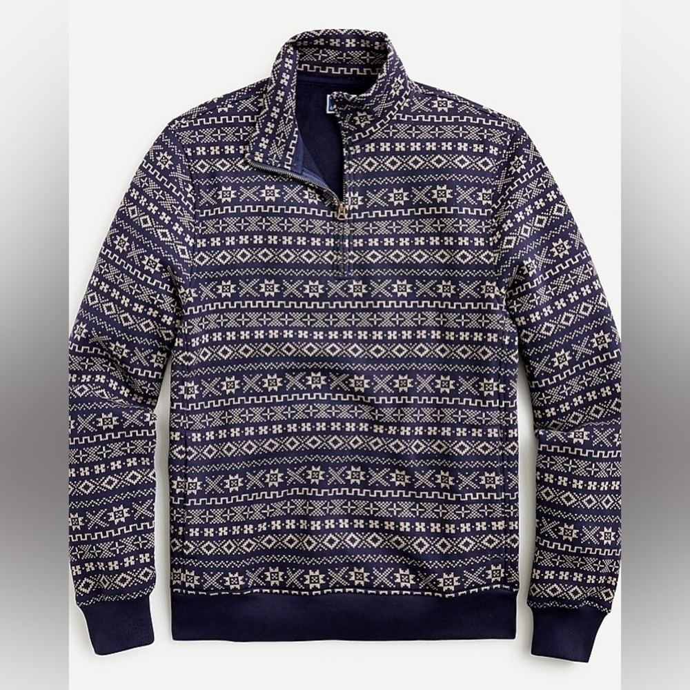 J. Crew Navy and Cream Fair Isle Brushed Fleece Half-Zip Sweatshirt Size Large